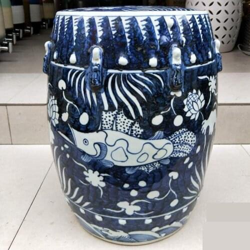 Jingdezhen Ceramic Stool Ceramic Drum Stool Hand-painted Blue And White Over The Years Porcelain Stool fish Large Round Stool