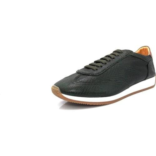 SHENBINs Exclusive Handmade Bas Patina Running Shoes, Dark Green and Light Brown