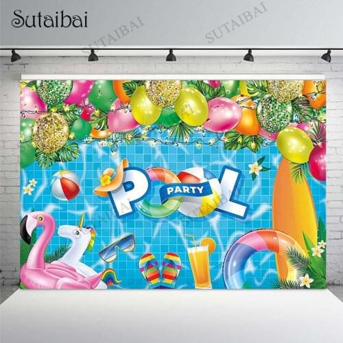 Summer Swimming Pool Party Backdrop for Photography Boys Girls Hawaiian Flamingo Balloons Birthday Party Decorations Background