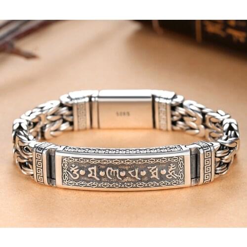 Retrosen Six-character Mantra Silver Medal Chain Latch Bracelet Men Domineering Personality Hip-hop Hipster Ins Niche Design