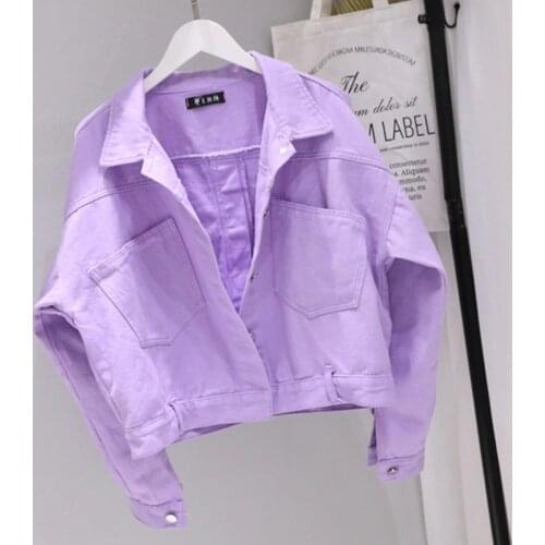 Single Breasted Womens Denim Jacket Short Top Korean Loose Candy Color Long Sleeve Outerwear All-match Casual Student Coat