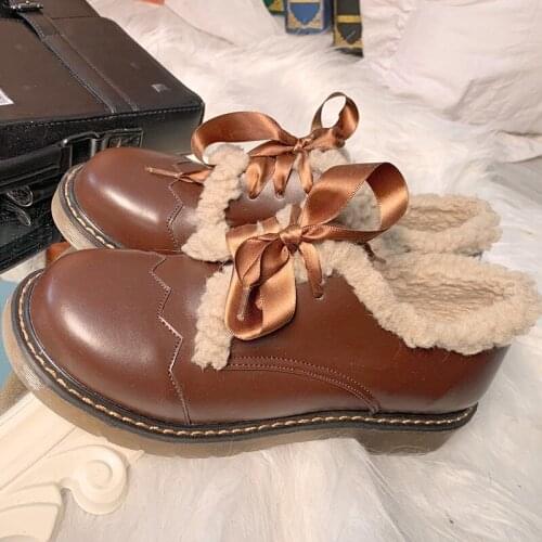 Autumn Winter Warm Plus Velvet Plush Inner Round Head Flat Woman Lolita Shoes Japanese Goth Shoe Anime Jk Uniform Cosplay Kawaii