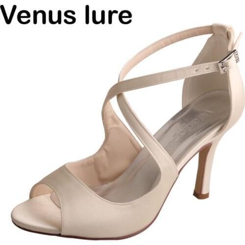 Clearance Ivory Satin Wedding Heel Sandals for Women Peep Toe High Heeled Party Shoes