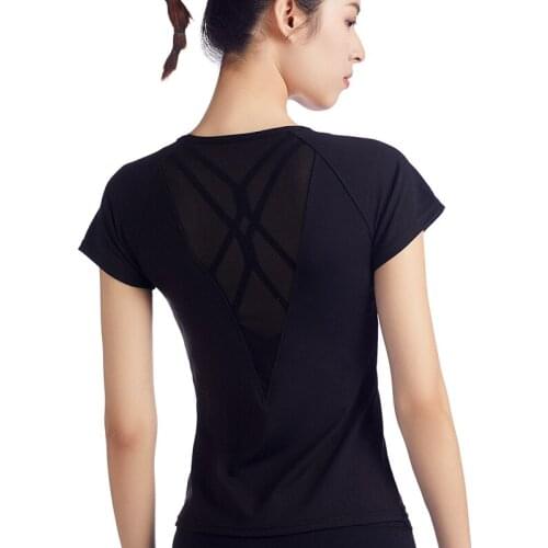 Sexy Women Sport Shirts Black Short Sleeve Fitness Gauze Back Yoga Top Solid Workout Breathable Sportswear
