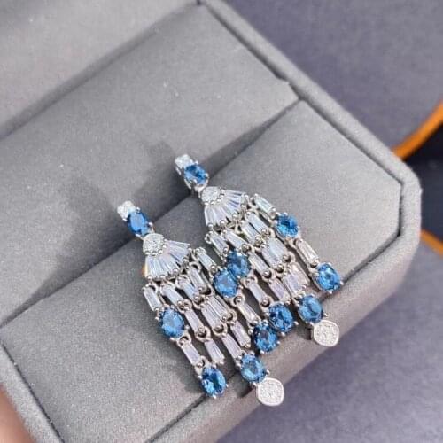 Luxurious big tassels S925 silver natural London blue topaz drop earrings natural gemstone women anniversary party gift jewelry