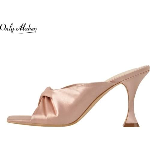 Onlymaker Slip-On Shoes For Women Square Toe Sandal Silk Summer Cross Ruched Kitten Heel Open Toe Slipper