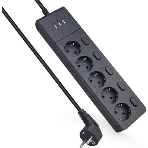 Multiple Power Strip Surge Protection EU Plug Electrical Extension Sockets USB 5 way Outlets Independent Switch Control 2m Cord