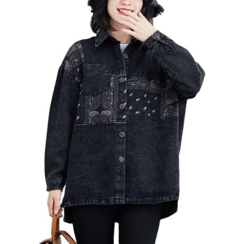 Streetwear Print Womens Denim Jacket Coat Black Jeans Outwear Female Spring Autumn Casual Long-Sleeved Loose Cowboy Outwear2021