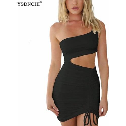 YSDNCHI Casual Sexy Dress Drawstring Fashion Women Black One Shoulder Solid Sleeveless Party Holiday White Cut Out Club Vestido