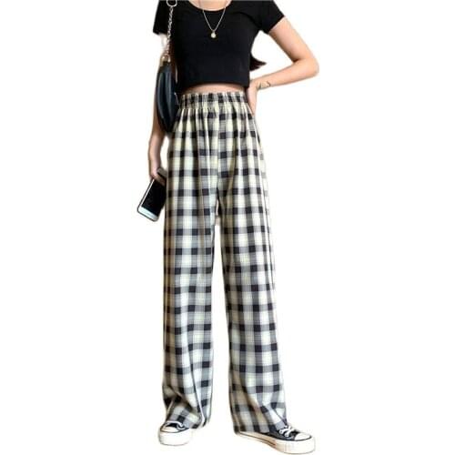2021 Women Plaid Pants Spring Summer Korean High Waist Explosion Loose Straight Slim Casual Ulzzang Wide-leg Pants