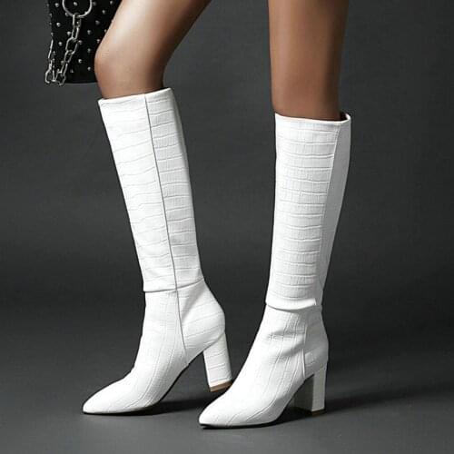 PU Lleather 2020 Women Knee High Boots Square Heel Pointed Toe Women Boots Slip on Fashion Winter Women Boots Plus Size 34-43