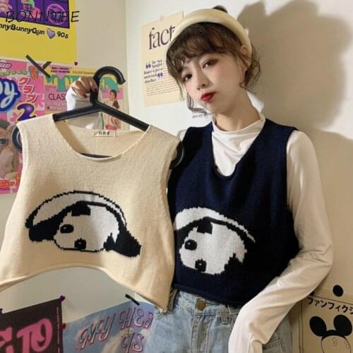 Vest Women Printed Cartoon Spring Sleeveless Crop Tops Knitted Sweater Kawaii Harajuku Female Clothes Girls Cute Loose Soft New