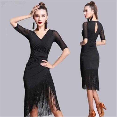 New Fashion Sexy black Short-sleeve Latin Dance Tassel one-piece dress for women/female Ballroom tango Cha Cha Rumba Costumes