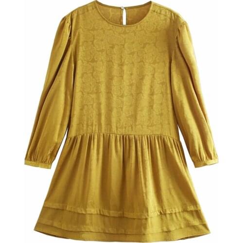 Spring Hot Sales Polyester Long Sleeve Women Dress Round Collar Pure Color Flower Jacquard Commuting Dress