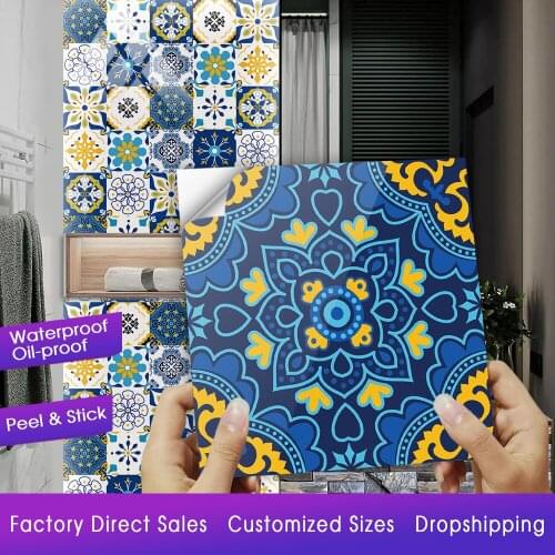 10pcs Colorful Hard Printed in 2D Kitchen Bathroom Washbasin Tiles Stickers For 10/15/20/30cm Glossy Surface Square Floor Mural