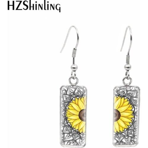 2019 New Abstract Mandala Art Fish Hook Earring Om Henna Flower Painting Rectangular Earrings Glass Jewelry