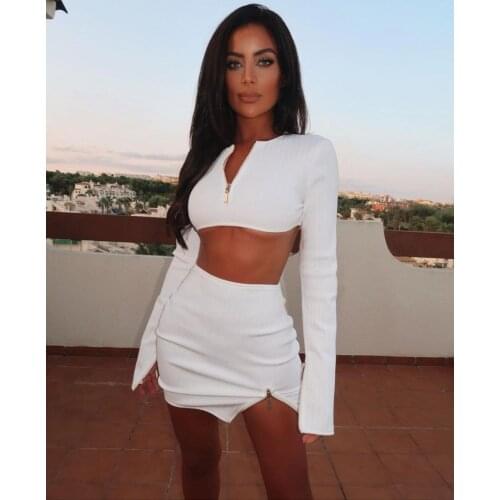 2021 Autumn New White Zip Short Tops+Mini Skirts Women Two Piece Outfits Casual Basic Slim Ladies Party Club wear Suit