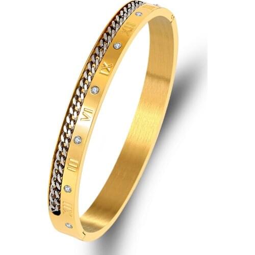 Roman Letters Crystals Bangles For Women Jewelry Stainless Steel Chain Link Bangle Gold Silver Color Classic Bijoux Accessories