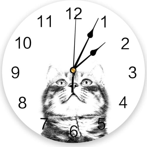 Cat Black And White Illustration 3D Wall Clock Modern Design Living Room Decoration Kitchen Clock Art Wall Watch Home Decor