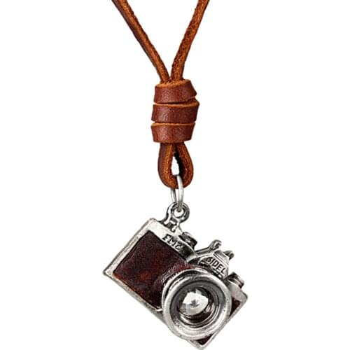 Antique Personality Pull Adjustment Men And Women Cowhide Necklace Alloy Camera Pendant Long Necklace