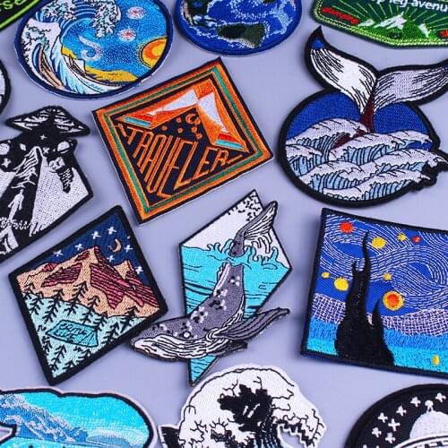 Adventure Travel Patches For Clothing Mountain Camping Badges Space Stripes Iron On Patches On Clothes UFO Embroidery Patch DIY