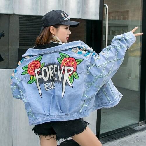 2020 Fashion Spring The New Diamond Sequins Hole Printing Bat Sleeve Denim Jacket Free Shipping