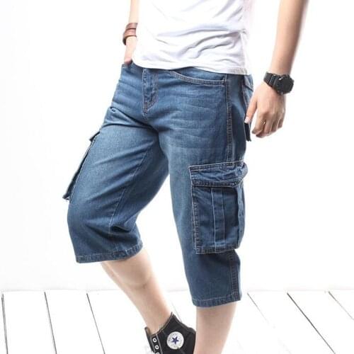 Mens Loose Denim Short Men Jeans Fashion Streetwear Hip Hop Long 3/4 Capri Cargo Shorts Plus Size 44 46 48