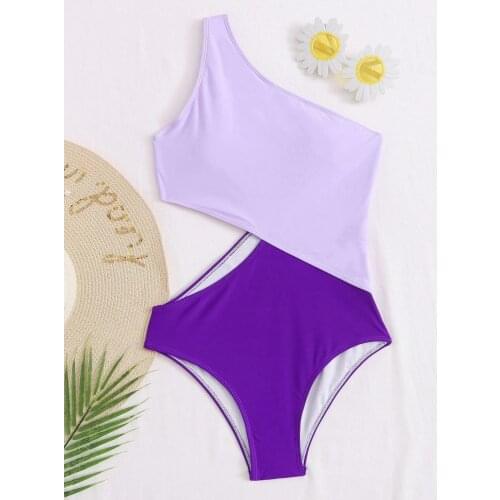 Cut Out Patchwork One Piece Swimsuits 2021 One Shoulder Swimwear Women Belted Bodysuits Sexy Pink Purple Beachwear Bathers
