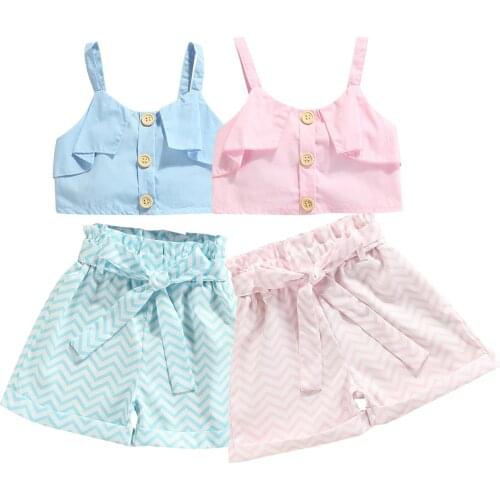 3 Pcs Toddler Summer Outfits, Girls Solid Color Button Camisole + Irregular Stripe Print Shorts + Belt 2-7T