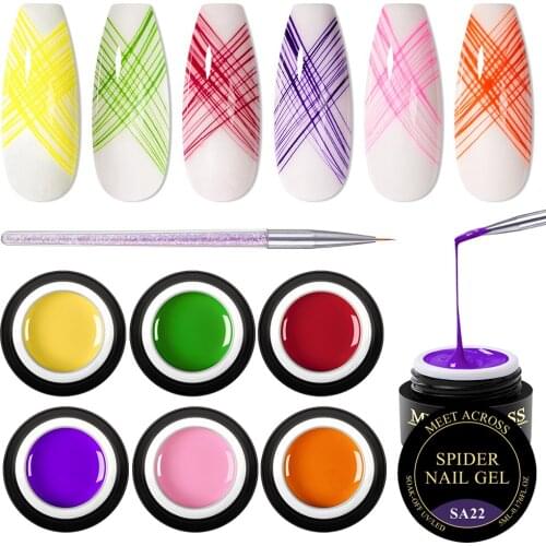 MEET ACROSS 7pcs Spider Gel Polish Set Painting Creative Nail Art Line Varnish 5ml Elastic Paint Spider Lacquer Web Gel Polish