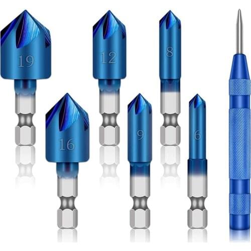 6Pcs 90 Degree Countersink Set HSS Countersink, 5-Slot Nano Blue Coating 1/4 Inch Countersink Drill, Chamfer Tool