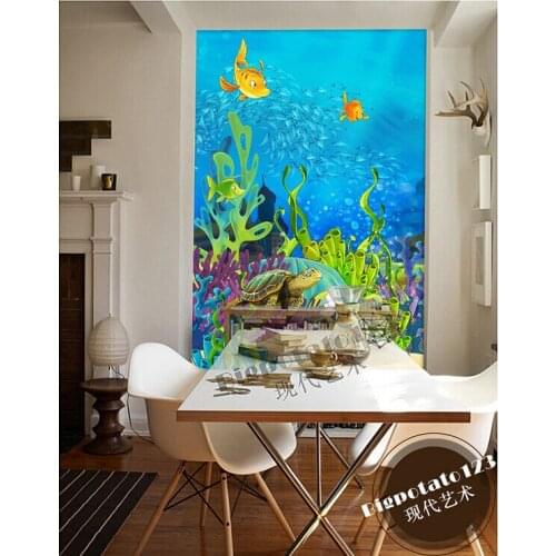 The latest 3D murals,beautiful and fresh cartoon blue sea floor clown fish. Living room sofa TV wall children bedroom wallpaper