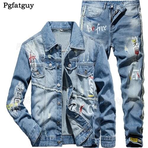 New Casual Loose Mens Sets Spring Autumn Letter Print Long Sleeve Denim Jacket and Pants Light Blue Male Two Piece Jeans Set