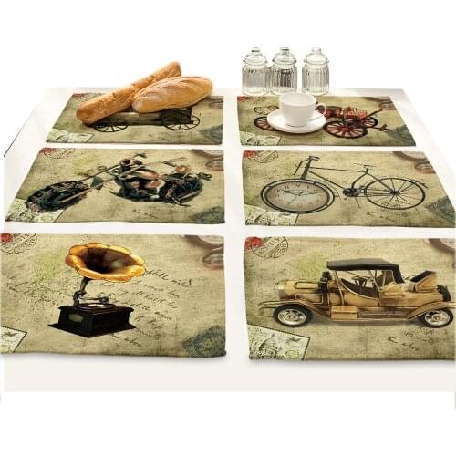 Retro Cartoon Car Gramophone Print Bar Dining Table Mat Drink Coasters Manteles Individuales Doilies Drawer Liner placemat bowl