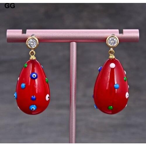 GuaiGuai Jewelry Red Sea Shell Pearl Teardrop Enamel Cz Dangle Cz Pave Stud Earrings