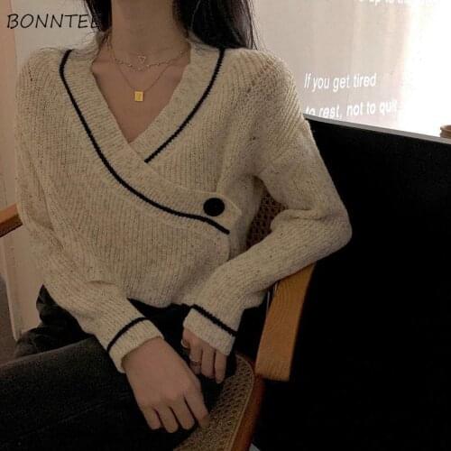Sweater Women Beige Popular Vintage Patchwork Button Chic Design Cropped Ladies Newest 2021 Clothing Pullovers Knitted Irregular