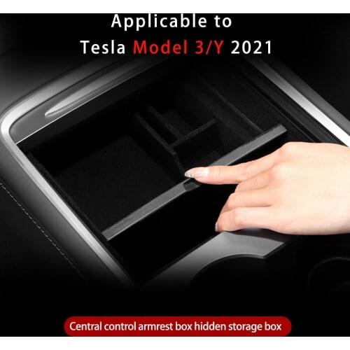 Tesla Model3 Y 2021 Car Central Armrest Storage Box For Tesla Model 3 Center Console Flocking Organizer Containers New Accessori