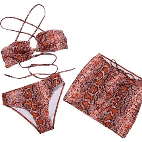 Summer Women Three-piece Swimming Clothes Set Ladies Light Brown Printed Pattern Bikini Tops+Shorts+Skirt Suits Biquíni Outfits