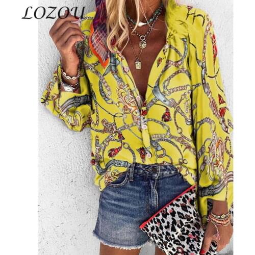 Womens Fashion Printed Long Sleeve Casual Lady All-Match Top New Button Up Shirt Female 2021 Spring and Autumn Stand-Up Collar