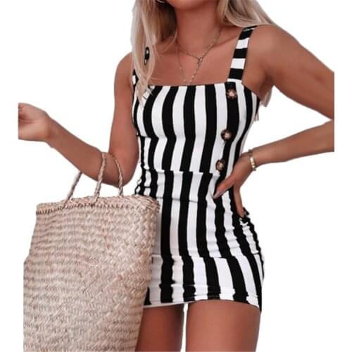 Women Vintage Sleeveless Strappy Vertical Stripes Button Bodycon Sling Dress