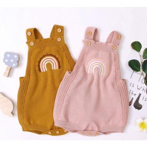 2020 Baby Summer Clothing Infant Baby Girls Sleeveless Jumpsuit Knitted Playsuits Embroidered Rainbow Pattern Basic Bodysuit