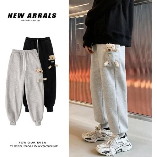 2020 Winter Sports Casual Pants Mens Korean Version Plush Teddy Bear Decoration Loose Fashion Streetwear Joggers Sweatpants