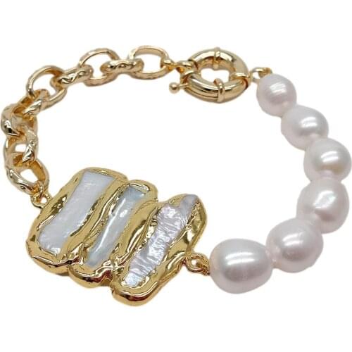 YYGEM Natural Cultured White Rice Pearl Gold Color Chain Bracelet White Biwa Pearl Connector 8"