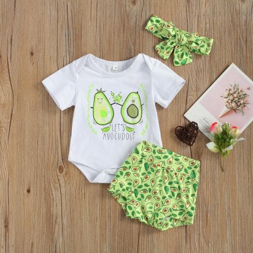 Cute Summer Avocado Printed Toddler Clothes Sets Infant Baby Girls Short Sleeve Romper Tops Shorts Headband 3pcs Outfits 0-18M