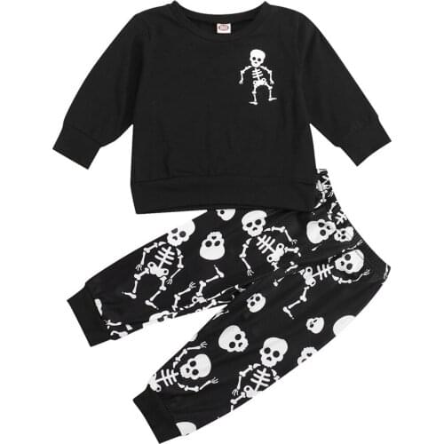 2021 1-6Y Halloween Kids Baby Boy Clothes Set Skeleton Print O Neck Long Sleeve Black Sweatshirt+Pants Spring Fall Costume 2pcs
