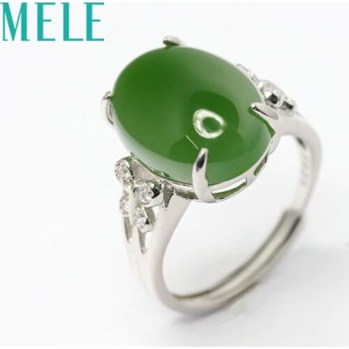 MELE natural green jasper ring for women,12mmX16mm Big Oval cut jade stone in butterfly pattern,fine jewelry with 925 silver