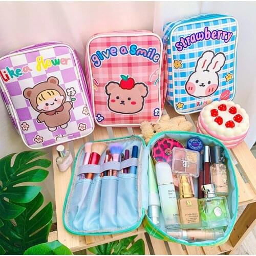 Cute Large Capacity Cosmetic Bag Girls Waterproof Portable Travel Toiletry Storage Bag Korean PU Creative Pencil Organizer Case