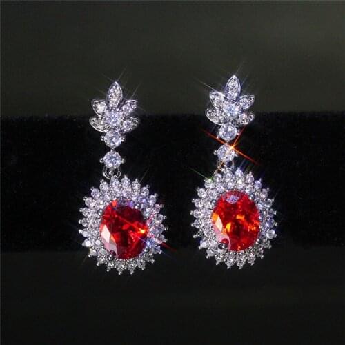 Cute Female Oval Red Crystal Small Earring Charm Silver Color Stud Earrings For Women Flower Wedding Jewelry Valentines Day Gift