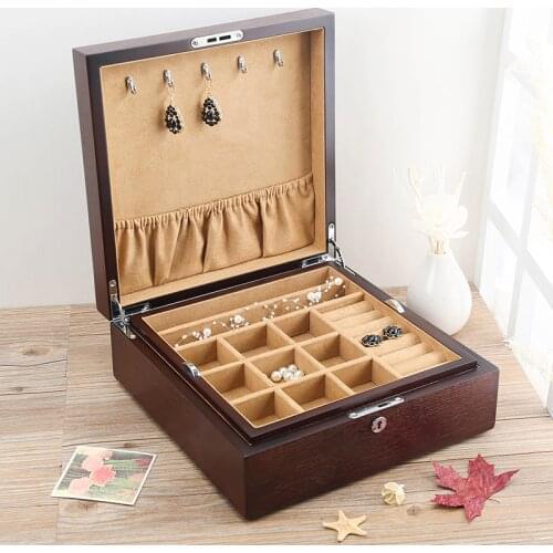 Solid Wood Multilayer Jewelry Box Double Layer Jewelry Bracelet Storage Display Box Case with Lock Coffee Color Big Capacity