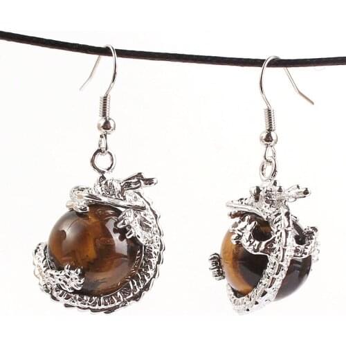 Trendy-beads Vintage Silver Plated Tiger Eye Stone Chinese Dragon Earrings For Women Fashion Jewelry